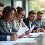 Groupe de jeunes professionnels analysant des fiches de paie