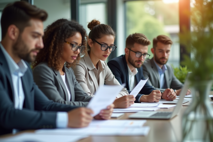 Groupe de jeunes professionnels analysant des fiches de paie