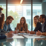 Groupe de jeunes professionnels en brainstorming dans un bureau lumineux
