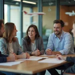 Groupe de jeunes professionnels en réunion dans un bureau moderne