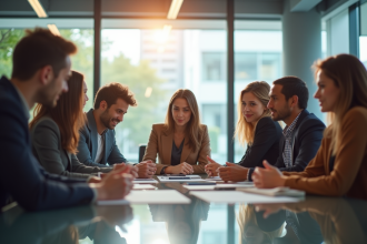 Groupe de jeunes professionnels en brainstorming dans un bureau lumineux
