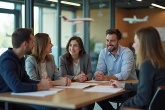 Groupe de jeunes professionnels en réunion dans un bureau moderne