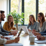 Groupe de professionnels souriants dans un bureau lumineux