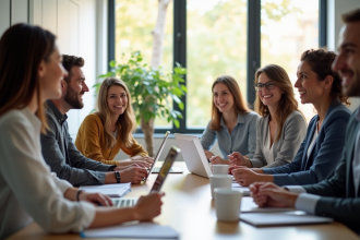 Groupe de professionnels souriants dans un bureau lumineux