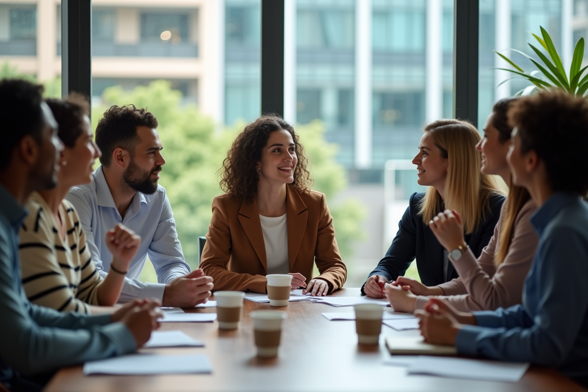 Groupe de professionnels discutant d'un projet communautaire