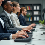 Groupe de professionnels utilisant des outils ergonomiques au bureau