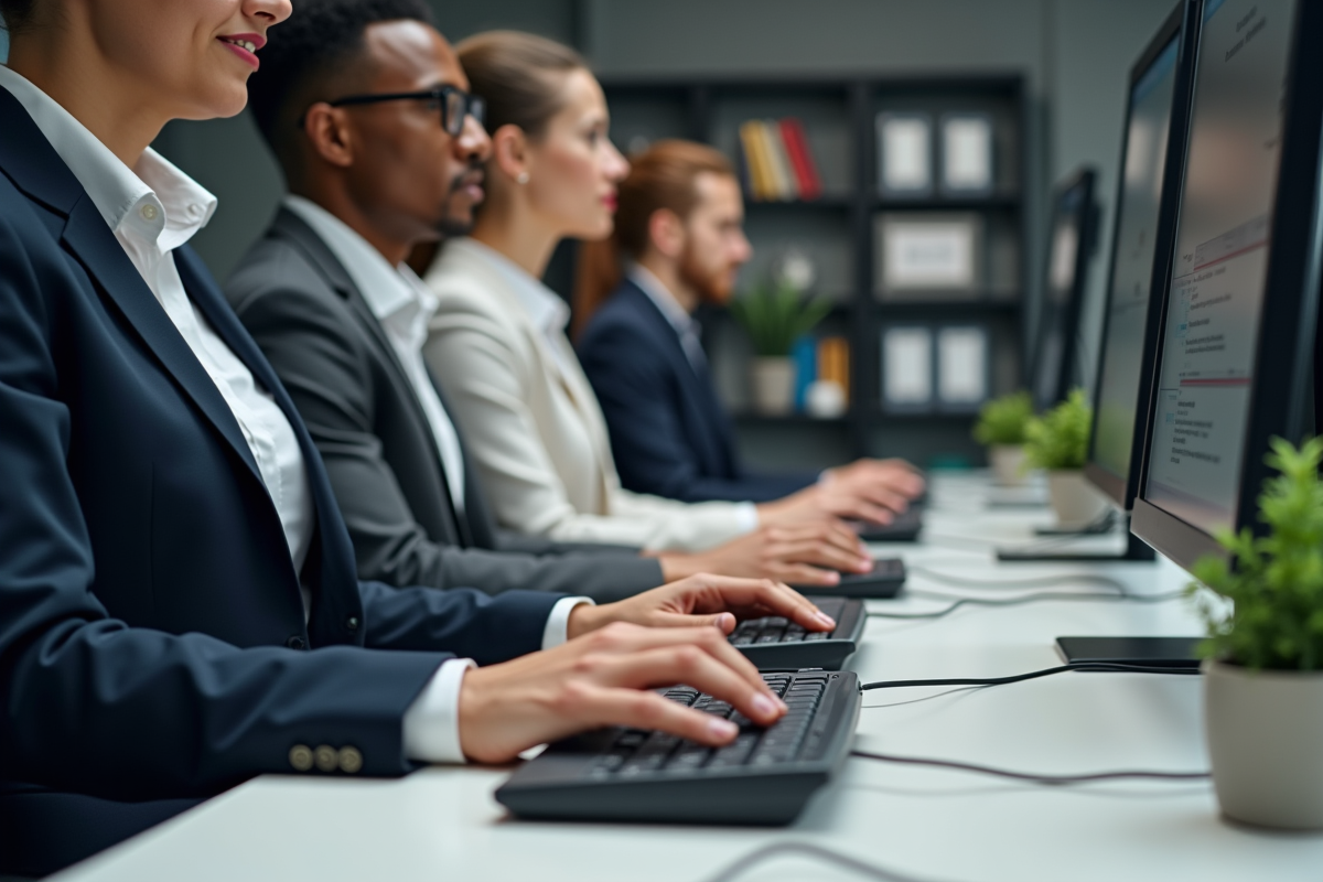 Groupe de professionnels utilisant des outils ergonomiques au bureau