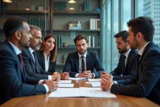 Groupe de professionnels discutant d'un document sur l'éthique de l'IA