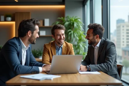 Groupe de professionnels riant autour d'une table de bureau