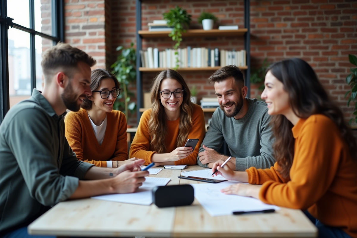 Groupe de jeunes créatifs autour d une table en studio