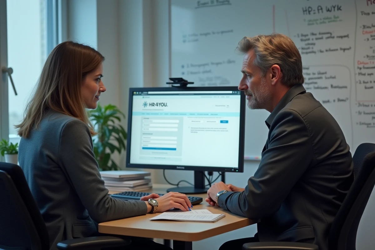 Deux collaborateurs Auchan consultant ensemble le guide de connexion HR4YOU sur un ordinateur de bureau en salle de formation