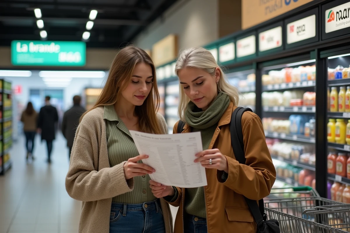 Deux femmes consultant un guide imprimé de marques à l'entrée d'un hypermarché pour repérer les références disponibles
