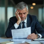 Homme d'affaires regardant un relevé bancaire avec inquiétude