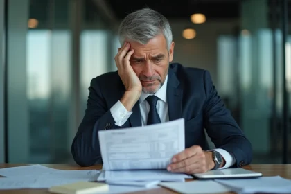 Homme d'affaires regardant un relevé bancaire avec inquiétude