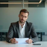 Homme d'affaires en costume tenant une enveloppe et un document