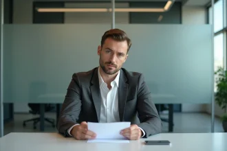 Homme d'affaires en costume tenant une enveloppe et un document