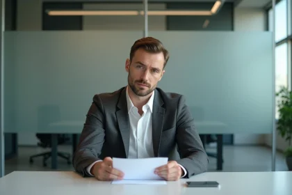 Homme d'affaires en costume tenant une enveloppe et un document