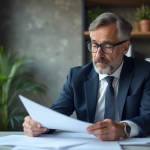 Homme d affaires en costume regardant des documents dans un bureau moderne
