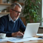 Homme d'affaires en bureau lumineux avec documents et ordinateur