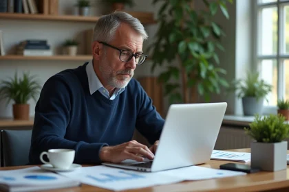 Homme d'affaires en bureau lumineux avec documents et ordinateur