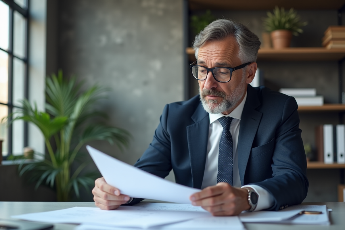 Homme d affaires en costume regardant des documents dans un bureau moderne