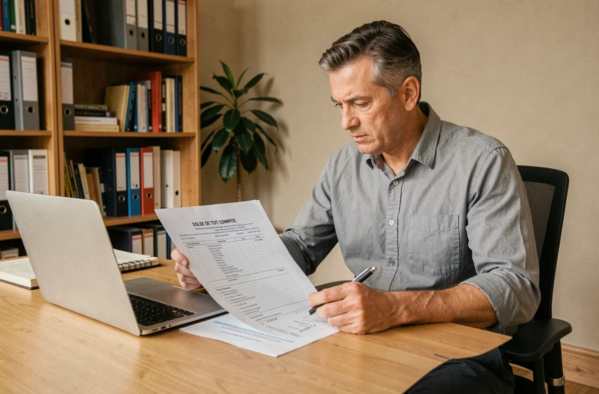 Homme d'affaires analysant des documents de solde de tout compte avec un stylo dans un bureau à domicile organisé