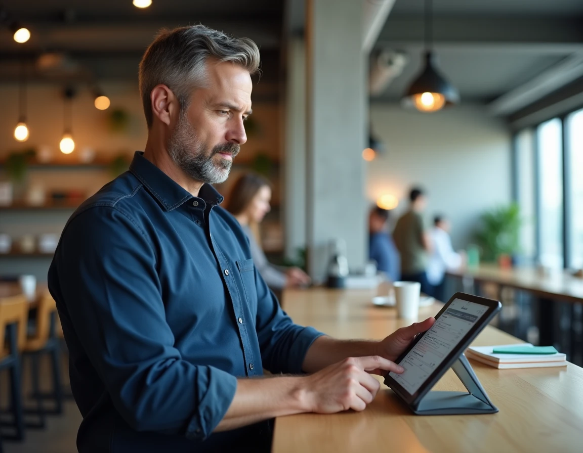 Homme paramétrant un modèle de facture en ligne sur une tablette dans un espace de coworking