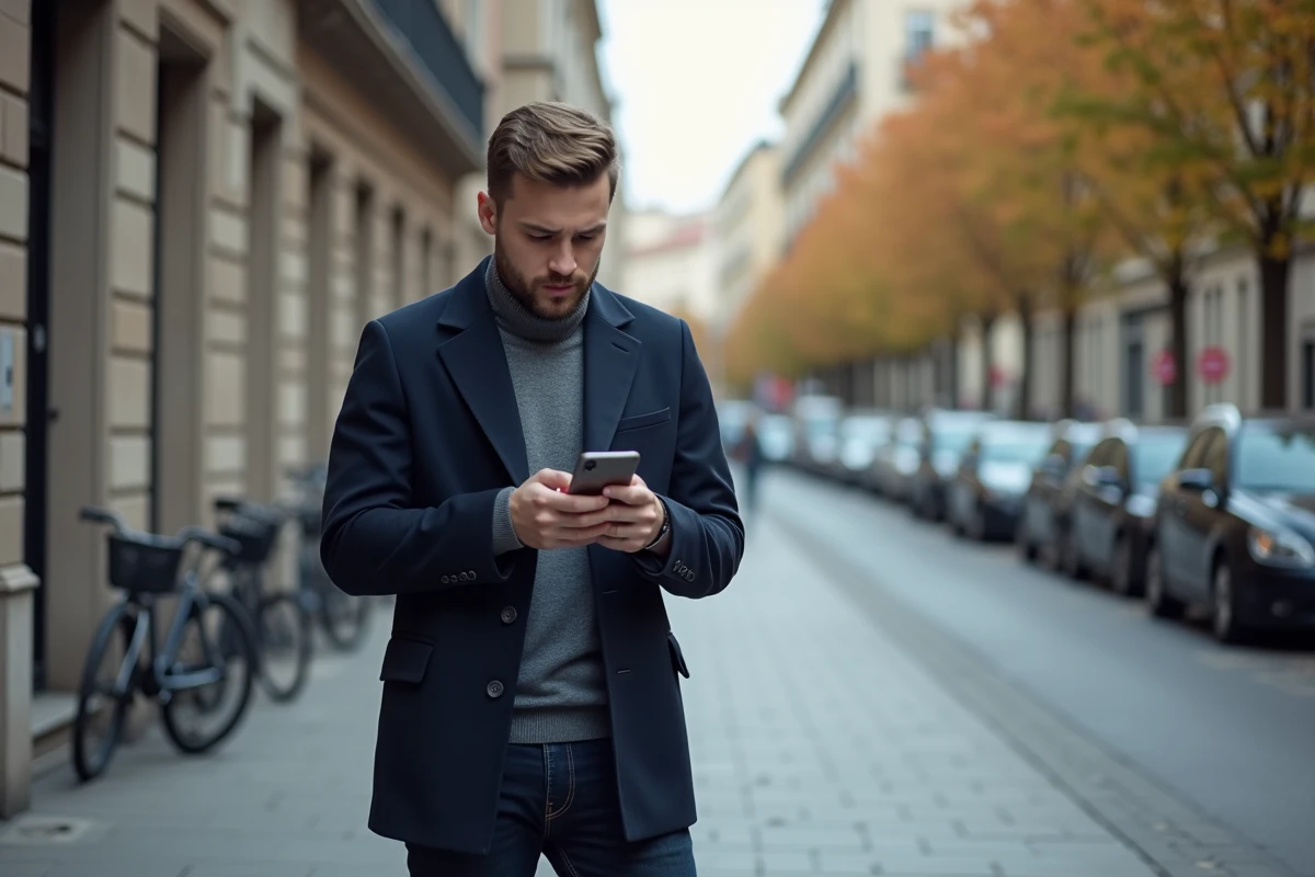 Homme consultant l'application de conseils médias sur smartphone en pleine rue en ville