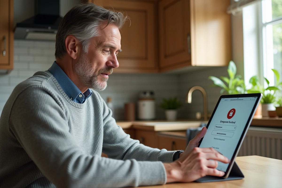 Homme détendu utilisant une tablette dans sa cuisine à la maison