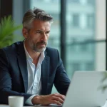 Homme d'affaires concentré sur son ordinateur dans un bureau moderne