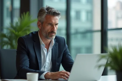 Homme d'affaires concentré sur son ordinateur dans un bureau moderne