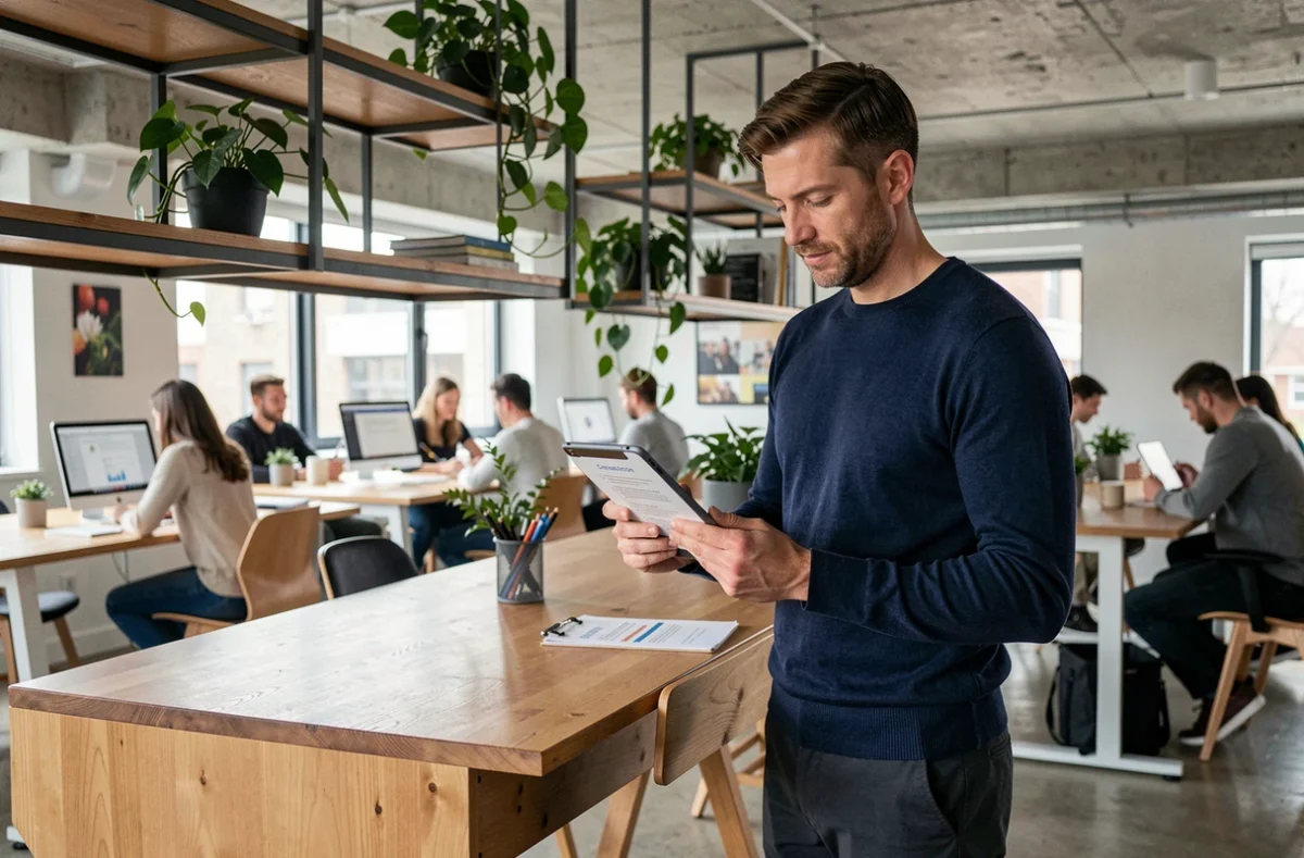Homme entrepreneur consultant une checklist de création d'entreprise sur tablette dans un espace de coworking