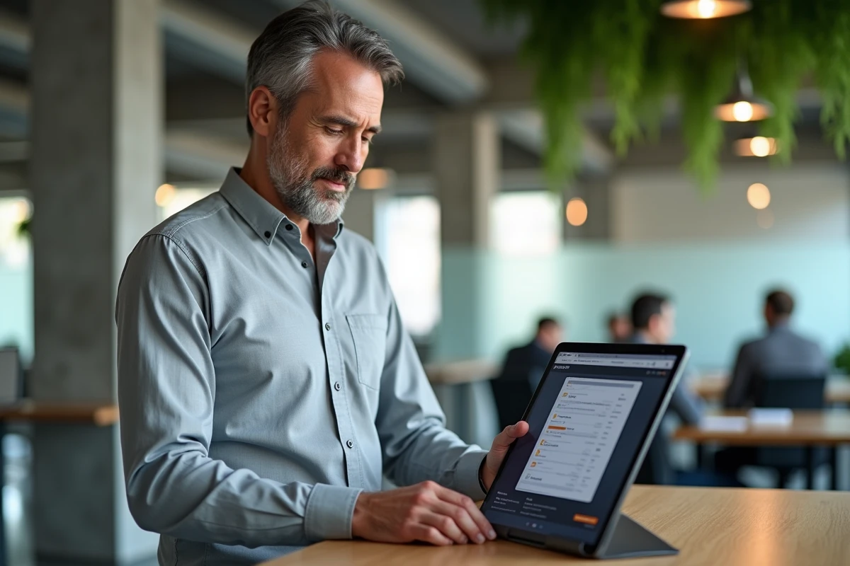 Homme consultant le guide de démarrage EXAGONLINE sur tablette dans un espace de coworking