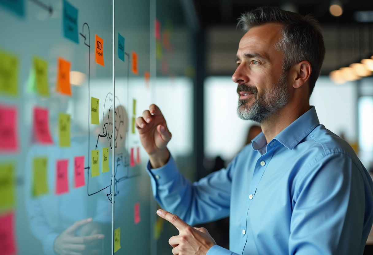 Homme expliquant diagrammes et mots-clés SEO en réunion