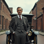 Homme ressemblant à Henry Ford avec une voiture vintage Model T