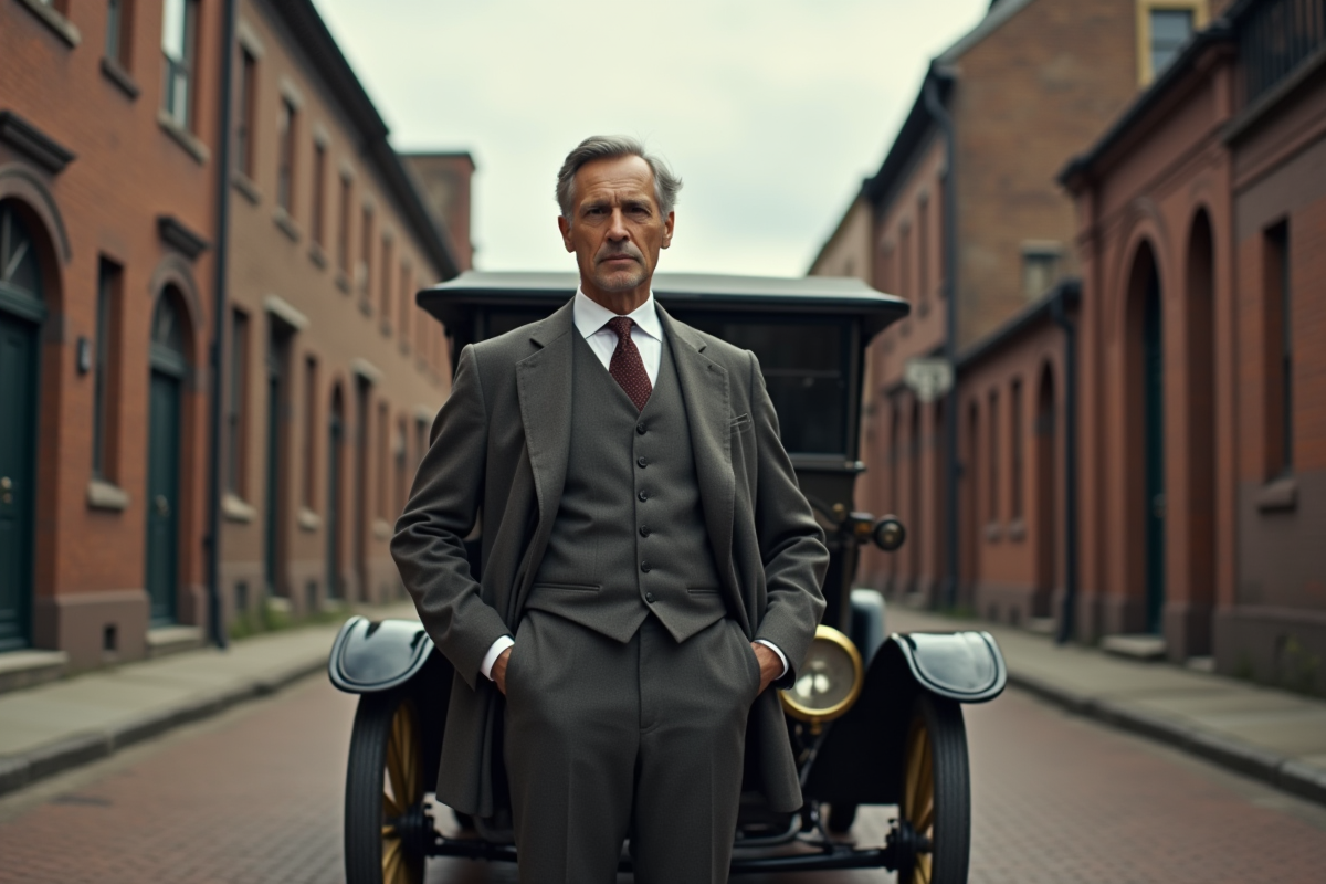 Homme ressemblant à Henry Ford avec une voiture vintage Model T