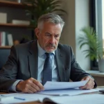 Homme d'âge moyen en costume d'affaires examine des documents d'investissement dans un bureau moderne