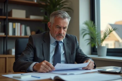 Homme d'âge moyen en costume d'affaires examine des documents d'investissement dans un bureau moderne