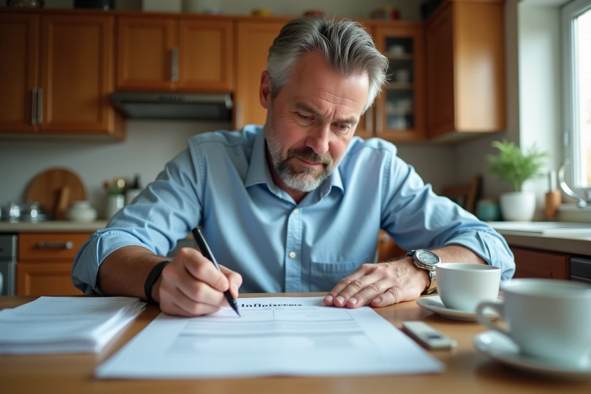 Homme d age moyen remplit une facture à la maison
