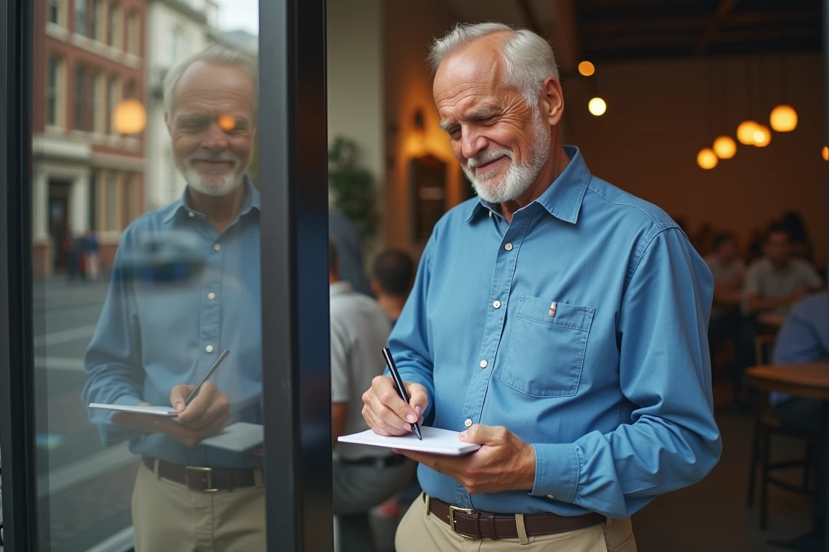 Homme écrivant dans un café avec vue urbaine