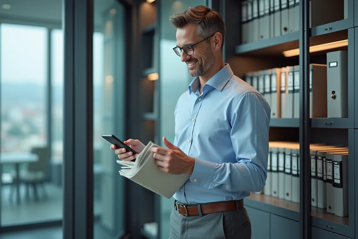 Homme arrangeant des dossiers dans un bureau professionnel