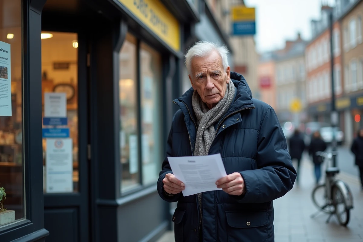 Homme âgé devant un bureau de poste urbain