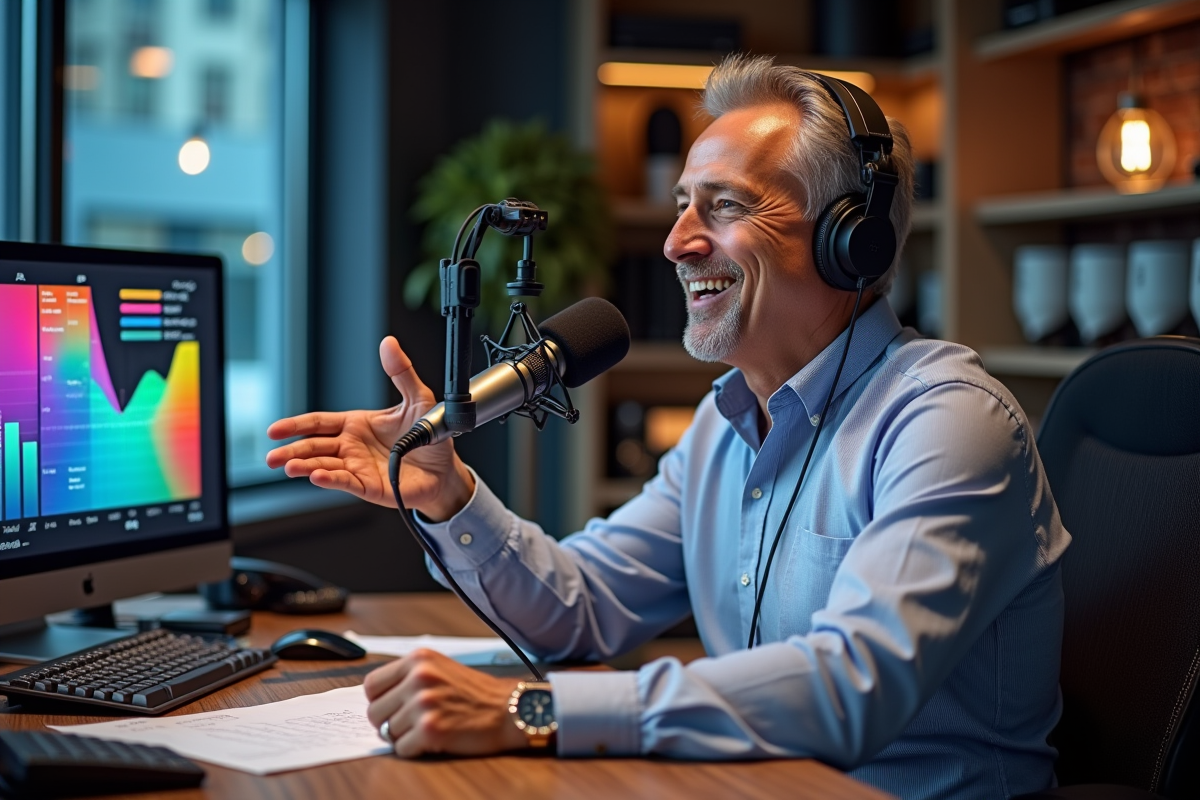 Homme parlant dans un micro radio avec graphique publicitaire