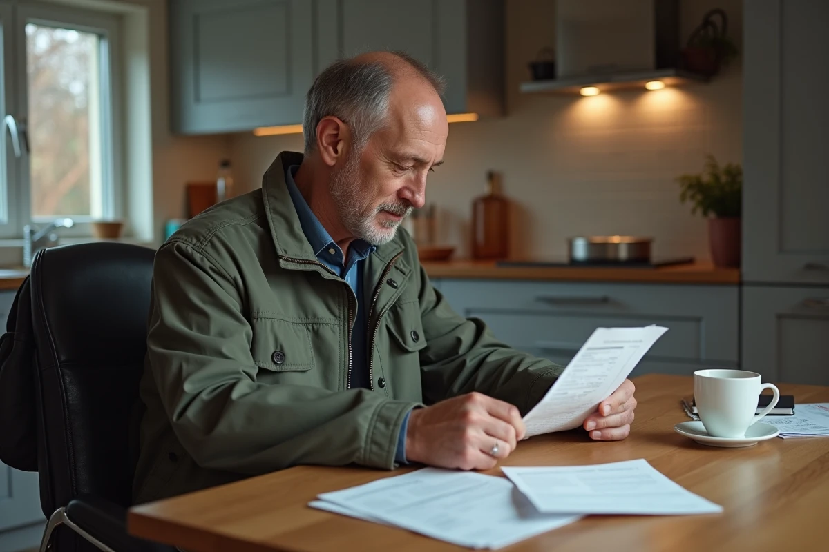 Homme examinant un reçu et une carte cadeau à la maison