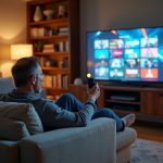Homme d'âge moyen regardant la télévision dans un salon cosy