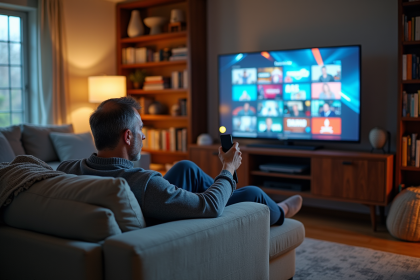 Homme d'âge moyen regardant la télévision dans un salon cosy