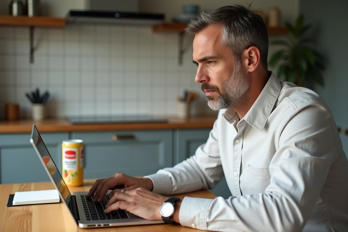 Homme consultant un répertoire de marques en ligne sur laptop dans une cuisine moderne pour préparer ses courses