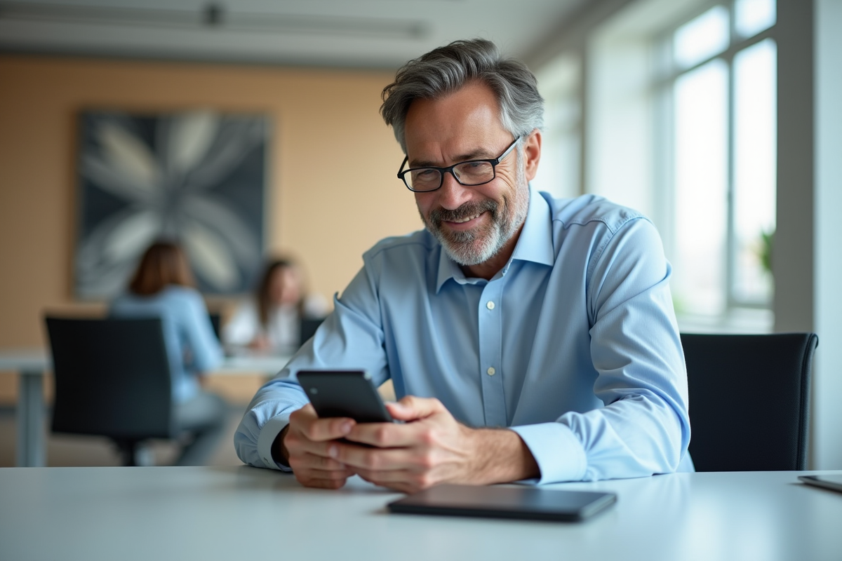 Homme lisant un email sur son smartphone dans un bureau professionnel