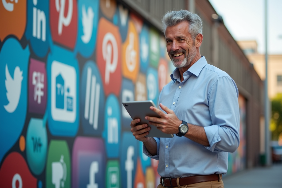 Homme expliquant une stratégie devant un mur de logos sociaux