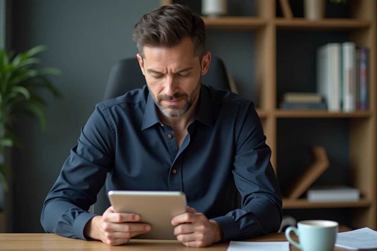 Homme consultant l'application Nomade de la Ville de Paris sur tablette depuis son bureau à domicile
